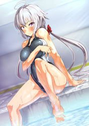 Rule 34 | 10s, 1girl, ahoge, barefoot, competition swimsuit, covering privates, covering breasts, dutch angle, long hair, one-piece swimsuit, pija (pianiishimo), pool, purple eyes, senki zesshou symphogear, silver hair, sitting, soaking feet, solo, swimsuit, twintails, very long hair, water, wet, yukine chris