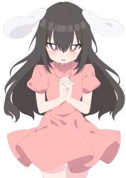 Rule 34 | 1girl, alternate hair length, alternate hairstyle, animal ears, black hair, blush, cowboy shot, dress, hair between eyes, highres, inaba tewi, interlocked fingers, jewelry, long hair, looking at viewer, necklace, open mouth, pink dress, puffy short sleeves, puffy sleeves, rabbit ears, red eyes, short sleeves, simple background, solo, touhou, tsukimirin, white background