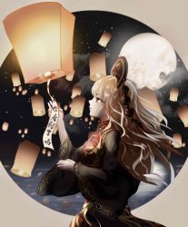 Rule 34 | 1girl, absurdres, black hat, black sleeves, blonde hair, chinese clothes, cloud, crescent, from side, full moon, hat, highres, junko (touhou), lantern, long sleeves, mid-autumn festival, moon, neck ribbon, night, night sky, paper lantern, pom pom (clothes), ribbon, sanana e, sky, sky lantern, solo, tabard, touhou, yellow ribbon