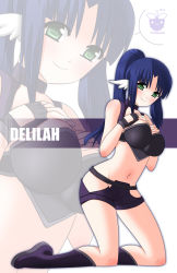 Rule 34 | 1girl, blue hair, blush, boots, breast suppress, breasts, crop top, delilah, fingerless gloves, framboosi, gloves, green eyes, head wings, highres, impossible clothes, impossible shirt, knee boots, kneeling, large breasts, long hair, midriff, navel, no panties, original, ponytail, shirt, short shorts, shorts, solo, wings, zoom layer