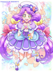 Rule 34 | 1girl, :d, air bubble, blue bow, bow, bubble, capelet, choker, clothing cutout, commentary, coral, coral reef, cure coral, dated, dress, facial mark, fingerless gloves, frilled capelet, frilled dress, frills, gloves, hair bow, hanzou, hat, hat bow, heart, heart cutout, heart facial mark, heart hands, heart in eye, high heels, highres, leg up, light particles, long hair, looking at viewer, magical girl, medium dress, multicolored eyes, multiple hair bows, open mouth, parted bangs, pink bow, precure, purple capelet, purple choker, purple dress, purple footwear, purple hair, sailor hat, sidelocks, smile, socks, solo, standing, suzumura sango, symbol in eye, tropical-rouge! precure, twitter username, very long hair, white gloves, white hat, white socks, yellow bow