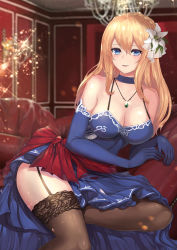 Rule 34 | 1girl, absurdres, alternate hairstyle, bad id, bad pixiv id, bare shoulders, beluga dolphin, blonde hair, blue dress, blue eyes, blue gloves, blush, braid, breasts, brown thighhighs, choker, cleavage, collarbone, couch, crown braid, dress, elbow gloves, eyes visible through hair, flower, french braid, garter straps, girls&#039; frontline, glint, gloves, hair between eyes, hair flower, hair ornament, highres, indoors, jewelry, lace, lace-trimmed legwear, lace trim, large breasts, light particles, long hair, looking at viewer, mosin-nagant (girls&#039; frontline), mosin-nagant (moonlit ocean) (girls&#039; frontline), necklace, official alternate costume, open mouth, pendant, sitting, smile, solo, strap gap, thighhighs, thighs