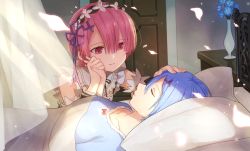 Rule 34 | 10s, 2girls, bare shoulders, bedroom, blanket, blue flower, blue hair, bow, breasts, closed mouth, commentary request, curtains, day, detached sleeves, door, eyelashes, fingernails, flower, glowing, hair back, hair between eyes, hair ornament, hair ribbon, hairband, hairclip, hand grab, hand on another&#039;s head, happy birthday, headpat, indoors, lolita hairband, long sleeves, looking at another, lying, maid, medium breasts, multiple girls, nightgown, on back, on bed, petals, pillow, pink eyes, pink hair, purple ribbon, ram (re:zero), re:zero kara hajimeru isekai seikatsu, red bow, red eyes, rem (re:zero), ribbon, ribbon trim, shake sawa, short hair, siblings, sisters, sleeping, smile, sunlight, twins, vase, wall, wind, x hair ornament
