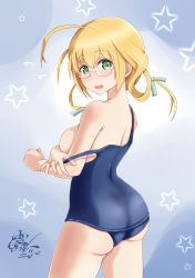 Rule 34 | 1girl, absurdres, antenna hair, ass, bare legs, blonde hair, blue background, blue eyes, blue ribbon, blush, breasts, cowboy shot, gradient background, hair ornament, highres, i-8 (kancolle), island lagoon, kantai collection, lips, long hair, looking at viewer, looking to the side, low twintails, medium breasts, no headwear, one-piece swimsuit, open mouth, red-framed eyewear, ribbon, school swimsuit, semi-rimless eyewear, signature, solo, star (symbol), starry background, surprised, sweatdrop, swimsuit, twintails, under-rim eyewear, undressing