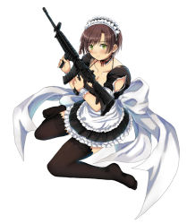 Rule 34 | 1girl, breasts, brown hair, cleavage, garimpeiro, gun, highres, holding, holding gun, holding weapon, looking up, maid, maid headdress, original, rifle, seiza, sitting, smile, soles, solo, thighhighs, weapon, white background