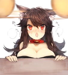 Rule 34 | 1girl, @ @, afterimage, animal ears, bad id, bad pixiv id, bare shoulders, blush, breasts, brown hair, chestnut mouth, cleavage, collar, collarbone, commentary request, drooling, full-face blush, hair between eyes, hypnosis, imaizumi kagerou, large breasts, long hair, mind control, mouth drool, nose blush, off shoulder, open mouth, pendulum, pet play, red eyes, simple background, solo, speed lines, suminagashi, sweat, table, tail, touhou, upper body, white background, wolf ears, wolf tail