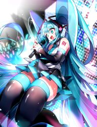 Rule 34 | absurdly long hair, absurdres, aqua eyes, aqua hair, aqua nails, aqua necktie, bare shoulders, black skirt, black sleeves, black thighhighs, concert, detached sleeves, full body, glowstick, hatsune miku, headphones, highres, holding, holding microphone, koyubisennti, legs, long hair, microphone, necktie, number tattoo, open mouth, pleated skirt, shirt, shoulder tattoo, skirt, sleeveless, sleeveless shirt, stage, stage lights, tattoo, teeth, thighhighs, twintails, upper teeth only, very long hair, vocaloid