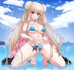 Rule 34 | 1girl, azur lane, bare shoulders, barefoot, benedia, bikini, blue bikini, blue sky, braid, braided bun, breasts, brown hair, cameltoe, choker, cleavage, cloud, collarbone, commentary request, day, double bun, feathered wings, formidable (azur lane), formidable (the lady of the beach) (azur lane), gluteal fold, hair bun, highres, large breasts, long hair, looking at viewer, md5 mismatch, navel, ocean, outdoors, parted lips, red eyes, resolution mismatch, single thighhigh, sky, solo, source larger, squatting, starfish, stomach, swimsuit, thighhighs, thighs, twintails, very long hair, water, wet, white thighhighs, wings