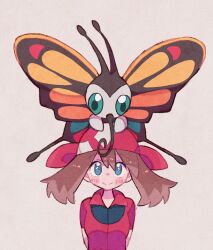 Rule 34 | 1girl, animal, animal on head, arms behind back, bandana, beautifly, blue eyes, blush stickers, brown hair, bug, butterfly, collared shirt, creatures (company), game freak, gen 3 pokemon, highres, insect, looking up, may (pokemon), medium hair, mgomurainu, nintendo, on head, pokemon, pokemon (anime), pokemon (creature), pokemon on head, pokemon rse (anime), red headwear, red shirt, shirt, short sleeves, sidelocks, smile, standing, upper body