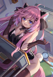 Rule 34 | 1girl, absurdres, ahoge, animal ears, black legwear, blue eyes, blush, bottomless, bow, cat ears, crying, crying with eyes open, fox ears, ginyasama, hair bow, hair ornament, hairclip, highres, indie virtual youtuber, indoors, kittysuit, leotard, long hair, looking at viewer, nontraditional playboy bunny, open mouth, pink hair, playboy bunny, rabbit tail, spanking, standing, tail, tears, teletha (vtuber), virtual youtuber, wavy mouth