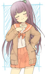 Rule 34 | &gt;:), 1girl, absurdres, blunt bangs, blush, bow, brown cardigan, cardigan, closed eyes, closed mouth, cowboy shot, facing viewer, fingernails, hair bobbles, hair ornament, hand on own hip, hand on own chest, head tilt, highres, hinako note, long hair, long sleeves, nakajima yua, nyama, one side up, open cardigan, open clothes, orange bow, orange sailor collar, orange skirt, sailor collar, school uniform, serafuku, shirt, skirt, smile, smug, solo, v-shaped eyebrows, very long hair, white shirt