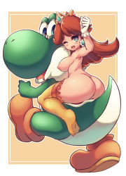 Rule 34 | 1girl, 1other, ass, blue eyes, breasts, brown hair, covered erect nipples, earrings, flower earrings, gloves, hand up, highres, jewelry, long hair, mario (series), nintendo, nipples, nude, open mouth, princess daisy, pussy, sitting, somesome, super mario bros. 1, super mario land, super mario world 2: yoshi&#039;s island, tail, thighhighs, yoshi