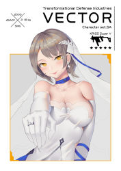 Rule 34 | 1girl, absurdres, bare shoulders, blush, breasts, bridal veil, brown hair, choker, cleavage, closed mouth, collarbone, dress, earrings, elbow gloves, girls&#039; frontline, gloves, highres, jewelry, large breasts, looking at viewer, off-shoulder dress, off shoulder, official alternate costume, ornate ring, ring, short hair, solo, star (symbol), vector (ardent devotion) (girls&#039; frontline), vector (girls&#039; frontline), veil, wedding dress, wedding ring, white gloves, xian yu zhanshi, yellow eyes