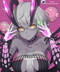 Rule 34 | 1girl, absurdres, bare shoulders, black-framed eyewear, black dress, breasts, choker, cleavage, collarbone, colored skin, detached sleeves, dress, fate/grand order, fate (series), glasses, grey hair, grey skin, highres, horns, jacques de molay (foreigner) (fate), jacques de molay (foreigner) (third ascension) (fate), large breasts, revealing clothes, short dress, short hair, smile, solo, sparkle, yellow eyes, yuniyuni
