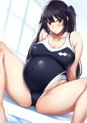 Rule 34 | 1girl, absurdres, bare shoulders, black hair, blue scrunchie, blush, breasts, cameltoe, cleavage, cove, covered navel, crotch seam, hara mizuki, highleg, highleg swimsuit, highres, kusahagane, large breasts, long hair, looking at viewer, mole, mole under eye, one-piece swimsuit, original, parted lips, poolside, scrunchie, sitting, soaking feet, solo, spread legs, swimsuit