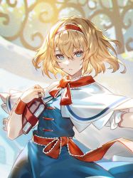Rule 34 | 1girl, alice margatroid, blonde hair, blue dress, blue eyes, bow, capelet, cowboy shot, dress, hair between eyes, hairband, holding, looking at viewer, parted lips, red hairband, sash, short hair, solo, touhou, u u zan, white capelet