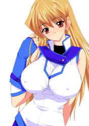 Rule 34 | 1girl, arm behind back, blonde hair, blouse, breasts, brown eyes, covered erect nipples, elbow gloves, fingerless gloves, gloves, head tilt, holding, holding own hair, huge breasts, kusaka souji, large breasts, long hair, looking at viewer, obelisk blue uniform, parted lips, shirt, simple background, sleeveless, sleeveless shirt, solo, tenjouin asuka, upper body, white background, white shirt, yu-gi-oh!, yu-gi-oh! gx