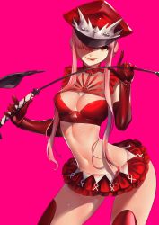 Rule 34 | 1girl, :p, breasts, brown eyes, brown hair, cleavage, cleavage cutout, clothing cutout, elbow gloves, fate/grand order, fate (series), gloves, hair over one eye, hat, highres, holding, holding riding crop, long hair, looking at viewer, medb (fate), medium breasts, midriff, navel, peaked cap, pink background, pink hair, rahato, red gloves, red hat, red skirt, riding crop, simple background, skirt, solo, tongue, tongue out