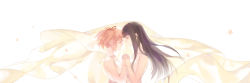 Rule 34 | 2girls, akemi homura, backlighting, bare arms, bare shoulders, black hair, blanket, close-up, closed eyes, closed mouth, collarbone, dress, eyelashes, fingernails, flat chest, floating, floating hair, flower, forehead-to-forehead, from side, hair between eyes, hair ribbon, happy, heads together, highres, holding hands, interlocked fingers, kaname madoka, light smile, long hair, mahou shoujo madoka magica, mahou shoujo madoka magica (anime), multiple girls, oren, pink eyes, pink flower, profile, red ribbon, ribbon, see-through, sidelocks, simple background, sleeveless, sleeveless dress, twintails, under covers, upper body, white background, white dress, yuri
