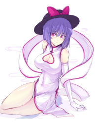 Rule 34 | 1girl, alternate costume, blush, breasts, china dress, chinese clothes, cleavage, cleavage cutout, clothing cutout, covered navel, dress, elbow gloves, female focus, gloves, hat, large breasts, looking at viewer, nagae iku, purple eyes, purple hair, shawl, short hair, simple background, solo, touhou, touya (the-moon), white gloves