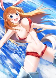 Rule 34 | 1girl, absurdres, animal ears, bikini, blue eyes, blush, bouncing breasts, breasts, charlotte e. yeager, flying, highres, hiroshi (hunter-of-kct), large breasts, long hair, looking at viewer, navel, open clothes, open mouth, open shorts, orange hair, rabbit ears, rabbit girl, rabbit tail, red bikini, red shorts, shorts, sky, smile, solo, strike witches, striker unit, swimsuit, tail, world witches series