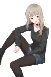 Rule 34 | 1girl, absurdres, black choker, black eyes, black footwear, black pantyhose, black sweater, blue shorts, boots, choker, commentary, denim, denim shorts, feet out of frame, fingernails, girls band cry, highres, invisible chair, kawaragi momoka, knee up, light brown hair, long fingernails, long hair, long sleeves, looking at viewer, multicolored hair, nail polish, open mouth, pantyhose, pantyhose under shorts, pink nails, ribbed sweater, roots (hair), shorts, simple background, sitting, sleeves past wrists, smile, solo, sweater, v-neck, white background, yao yang