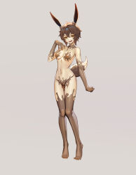 Rule 34 | 1girl, :d, absurdres, animal ears, breasts, brown hair, commission, corruption, full body, grey background, hand on own chest, highres, liquid, looking at viewer, medium breasts, open mouth, original, pussy, rabbit ears, rabbit girl, rabbit tail, shen hai ichigo, short hair, smile, solo, standing, tail, variant set, yellow eyes