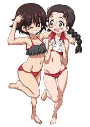 Rule 34 | 2girls, ;d, ^^^, arm around shoulder, barefoot, bikini, black bikini, black eyes, black hair, blush stickers, braid, breasts, brown eyes, brown hair, frown, fukuda haru, gemu555, girls und panzer, glasses, grin, hand on own head, isobe noriko, leg up, long hair, looking at another, looking at viewer, mismatched bikini, multiple girls, navel, one-hour drawing challenge, one eye closed, open mouth, red bikini, round eyewear, short hair, side-by-side, simple background, small breasts, smile, standing, standing on one leg, sweatdrop, swimsuit, twin braids, twintails, white background