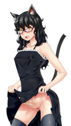 Rule 34 | 1futa, animal ears, black hair, blush, cat ears, cat tail, clothes lift, covered erect nipples, dress, futanari, glasses, icebox, no panties, open mouth, penis, precum, pussy, skirt, skirt lift, solo, tail, thighhighs, yellow eyes