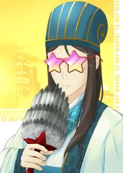 Rule 34 | 1boy, black hair, chinese clothes, chinese hat, cosplay, fate/grand order, fate (series), feather fan, long hair, lord el-melloi ii, name connection, paripi koumei, solo, star-shaped glasses, sunglasses, waver velvet, zhuge kongming (paripi koumei), zhuge liang