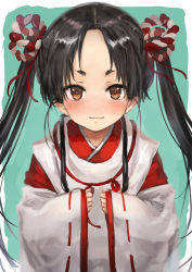 Rule 34 | 1girl, alternate hairstyle, bad id, bad twitter id, black hair, brown eyes, japanese clothes, kantai collection, kariginu, long hair, looking at viewer, miko, nisshin (kancolle), ribbon-trimmed sleeves, ribbon trim, short eyebrows, simple background, smile, solo, thick eyebrows, toka (marchlizard), twintails, twintails day, two-tone background, upper body, wide sleeves