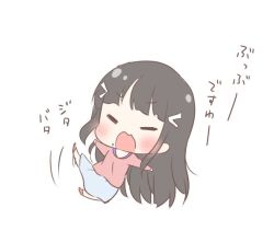 Rule 34 | 1girl, bad id, bad twitter id, black hair, blue skirt, blush, chibi, closed eyes, commentary request, flailing, hair ornament, hairclip, kurosawa dia, long hair, long sleeves, love live!, love live! sunshine!!, mole, mole under mouth, open mouth, outstretched arms, pink shirt, saku usako (rabbit), shirt, simple background, skirt, solo, spread arms, tantrum, translation request, wavy mouth, white background