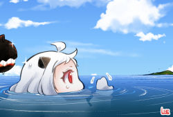 Rule 34 | 10s, 1girl, abyssal ship, horns, kantai collection, lee (colt), long hair, northern ocean princess, pale skin, partially submerged, red eyes, solo, white hair