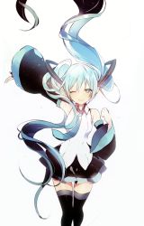 Rule 34 | 1girl, ;d, aqua necktie, arm up, bare shoulders, black skirt, black thighhighs, blue eyes, blue hair, blush, collar, collared shirt, detached sleeves, floating, floating hair, hat, hatsune miku, headgear, long hair, long sleeves, looking at viewer, lpip, matching hair/eyes, necktie, one eye closed, open mouth, shirt, simple background, skirt, smile, solo, starry sky print, thigh gap, thighhighs, tsurime, twintails, very long hair, vocaloid, white background, zettai ryouiki