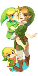 Rule 34 | 3boys, barefoot, black eyes, blonde hair, blue eyes, carrying, earrings, gloves, hat, jewelry, link, long image, male focus, multiple boys, multiple persona, muse (rainforest), nintendo, one eye closed, pointy ears, scarf, tall image, the legend of zelda, the legend of zelda: ocarina of time, the legend of zelda: the wind waker, the legend of zelda: twilight princess, toon link, wink, young link