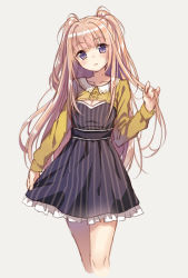 Rule 34 | 1girl, blush, brown hair, dress, grey background, kurasawa moko, long hair, long sleeves, looking at viewer, original, parted lips, purple eyes, simple background, smile, solo, striped clothes, striped dress, two side up, vertical-striped clothes, vertical-striped dress