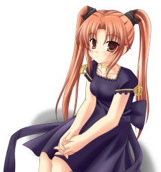 Rule 34 | 1girl, dress, female focus, looking at viewer, minamori noeru, sitting, solo, tagme, twintails, white background