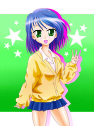 Rule 34 | 1girl, blue hair, female focus, green eyes, madoka (onmyou taisenki), onmyou taisenki, open mouth, skirt, smile, solo, star (symbol), v