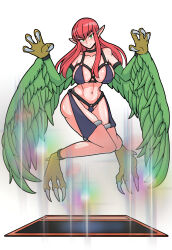 Rule 34 | 1girl, bare shoulders, bigaggro, breasts, card, claws, commentary request, duel monster, feathered wings, feathers, green eyes, green feathers, green wings, harpie lady, harpy, highres, korean commentary, large breasts, long hair, monster girl, navel, pink hair, pointy ears, revealing clothes, solo, summoning, talons, very long hair, winged arms, wings, yu-gi-oh!