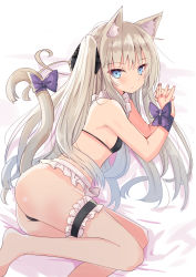 Rule 34 | 1girl, animal ear fluff, animal ears, ass, bare shoulders, barefoot, bed sheet, bikini, black bikini, blue eyes, blush, bound, bound wrists, bow, breasts, cat ears, cat girl, cat tail, commentary request, feet out of frame, frills, grey hair, highres, hizaka, knees together feet apart, long hair, lying, on side, original, purple bow, small breasts, solo, swimsuit, tail, tail bow, tail ornament, tail raised, very long hair