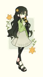 Rule 34 | 1girl, :|, arm at side, beige background, beige border, black footwear, black hair, black leggings, blush, blush stickers, border, buckle, closed mouth, expressionless, eyes visible through hair, flower, from side, full body, green eyes, green sweater, grey background, grey skirt, hair behind ear, hair between eyes, hair flower, hair ornament, hair over shoulder, hand up, highres, holding, holding flower, leaf, leaf print, leggings, limited palette, long hair, long sleeves, looking at viewer, looking to the side, medium skirt, melanbread, no nose, original, outside border, print skirt, sandals, shirt tucked in, signature, skirt, slim legs, solo, standing, sweater, swept bangs, tareme, toes, turtleneck, turtleneck sweater, two-tone background, very long hair, walking, wavy hair, yellow background, yellow flower