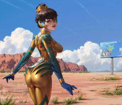 Rule 34 | 1girl, 2016, ad, alternate color, armor, arms at sides, artist name, ass, b.va (overwatch), blue gloves, blue sky, bodysuit, breasts, brown eyes, brown hair, c home, chome, cloud, cloudy sky, covered erect nipples, cowboy shot, d.va (overwatch), dated, day, desert, elbow gloves, from behind, gauntlets, gloves, grass, hair bun, headgear, headphones, high collar, highres, junebug d.va, legs together, lipstick, looking at viewer, looking back, lucio (overwatch), makeup, medium breasts, mirrored text, nose, official alternate costume, open mouth, outdoors, overwatch, overwatch 1, pauldrons, red lips, short hair, shoulder armor, shoulder pads, single hair bun, skin tight, sky, smile, solo, spiked gauntlets, teeth, title, tracer (overwatch), wristband, yellow bodysuit, zarya (overwatch)