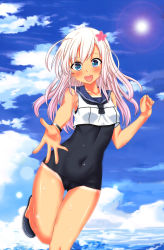 Rule 34 | 1girl, blue eyes, blue sky, cloud, covered navel, day, flower, hair flower, hair ornament, highres, k2 (hibiki09), kantai collection, ocean, one-piece swimsuit, open hand, open mouth, reaching, reaching towards viewer, ro-500 (kancolle), sailor collar, sky, smile, solo, sun, swimsuit, tan, tanline, white hair