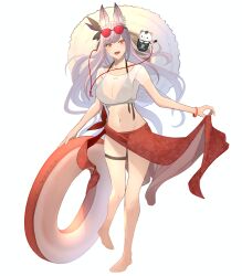 Rule 34 | 1girl, :d, absurdres, animal ear fluff, animal ears, barefoot, bikini, black bikini, breasts, eyewear on head, fox ears, fox girl, full body, hair ornament, highres, holding, holding clothes, indie virtual youtuber, kamishiro natsume, kitsune, large breasts, legs, long hair, looking at viewer, navel, open mouth, orange eyes, see-through, see-through shirt, shirt, simple background, smile, solo, standing, stomach, sunglasses, swimsuit, thigh strap, toes, virtual youtuber, white background, white hair, white shirt, yuuhi (yuuvi83)
