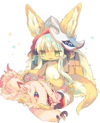 Rule 34 | animal ears, bad id, bad twitter id, blunt bangs, commentary request, ears through headwear, furry, hat, headpat, horizontal pupils, horns, long hair, made in abyss, mitty (made in abyss), nanachi (made in abyss), nekotorina, pants, red eyes, sitting, tail, topless, whiskers, white background, white hair, yellow eyes