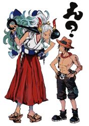 Rule 34 | 1boy, 1girl, abs, arm tattoo, bead necklace, beads, belt, black footwear, black hair, boots, breasts, closed mouth, club (weapon), eye contact, freckles, full body, green hair, hakama, hat, height difference, highres, holding, holding weapon, horns, japanese clothes, jewelry, large breasts, long hair, looking at another, makenevemoiine, multicolored hair, necklace, one piece, over shoulder, portgas d. ace, red hakama, sandals, simple background, tattoo, toned, toned male, topless male, weapon, weapon over shoulder, white background, white hair, yamato (one piece)