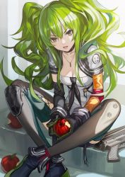 Rule 34 | &gt;:d, 1girl, :d, apple, asymmetrical sleeves, black gloves, breasts, bullet necklace, bullpup, calico m950, calico m950a, cheek pistol, choker, cleavage, double-stack magazine, food, fruit, girls&#039; frontline, gloves, green hair, gun, hair between eyes, handgun, helical magazine, high-capacity magazine, holding, holding food, holding fruit, indian style, infukun, knee pads, lipstick, long hair, looking at viewer, m950a (girls&#039; frontline), machine pistol, makeup, messy hair, open mouth, pistol, shoes, shorts, sitting, smile, solo, teeth, thighhighs, twintails, uneven sleeves, v-shaped eyebrows, very long hair, weapon