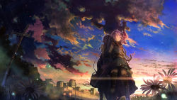 Rule 34 | 2girls, absurdres, ahoge, back-to-back, bare shoulders, black legwear, building, character request, cloud, commentary request, daybreak frontline (vocaloid), detached sleeves, feet out of frame, fireflies, flat chest, flower, flower knot, grass, hair flaps, hair ornament, highres, holding hands, japanese clothes, leg strap, long hair, looking away, multiple girls, outdoors, power lines, purple hair, ribbon, sakura inu (itoyatomo), scenery, sky, standing, star (sky), strap slip, string, sunlight, sunset, thigh strap, thighhighs, train, utility pole, virtual youtuber, vocaloid, x hair ornament, yellow eyes, zettai ryouiki