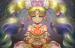 Rule 34 | 1girl, bad id, bad pixiv id, bare shoulders, blonde hair, blurry, depth of field, dress, falulu, flower, gem, grey background, grey eyes, hair ornament, holding, holding flower, isaroishin, light particles, long hair, looking at viewer, pretty series, pripara, smile, solo, standing, tiara, twintails, very long hair, wing hair ornament