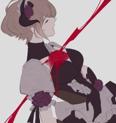 Rule 34 | 1girl, apron, black gloves, blood, brown hair, closed mouth, closed eyes, flower, gloves, grey background, highres, honkai (series), honkai impact 3rd, maid, maid apron, maid headdress, mole, mole under eye, red flower, red rose, rita rossweisse, rita rossweisse (umbral rose), rose, short hair, short sleeves, simple background, sketch, solo, ylceon